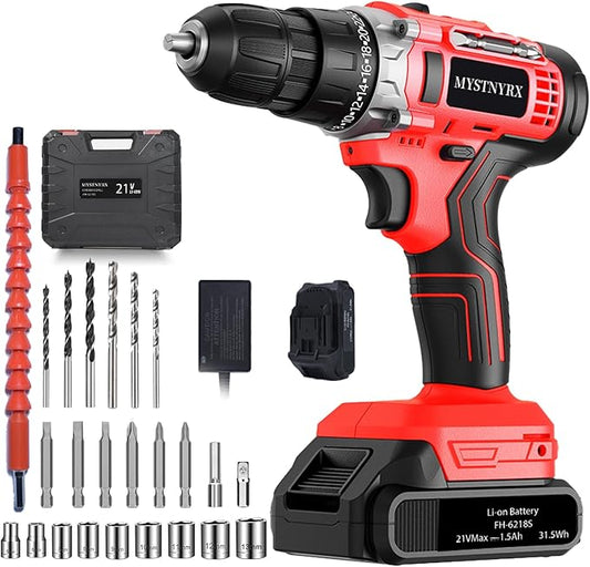 21V MAX Cordless Drill/Driver Kit, 2 Batteries and Charger, 26 Accessories, 3/8-Inch Keyless Chuck, 2 Variable Speed, 24+1 Position, LED Light, Toolbox