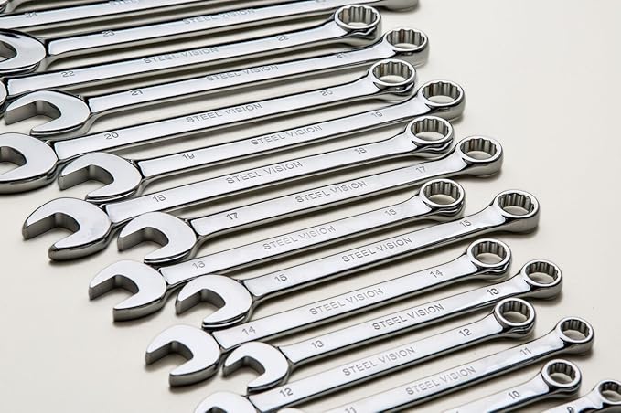 SteelVision 23pc (8mm~32MM) Top Tier Quality Combination Wrench Set, 12 Point. Long Pattern, Metric -Premium Heavy Duty CR-V Steel - Mirror Polishing Anti Rust Finish - Organizer Bag (23 pc)