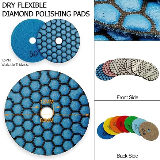 SHDIATOOL 3 Inch Dry Diamond Polishing Pads Grit 50 for Granite Marble Quartz(7-Pack)