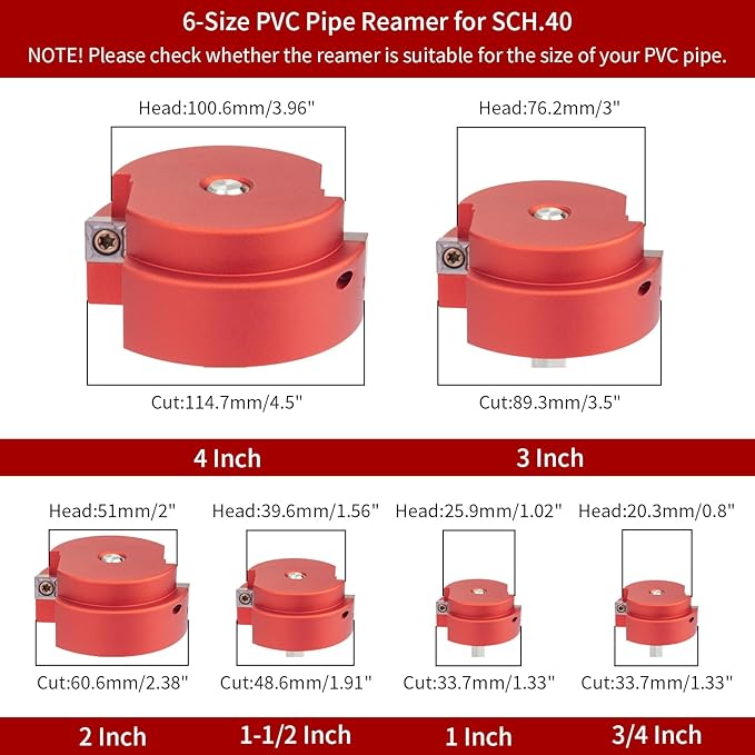 6Pcs Pipe Reamer with 2 Square Carbide Insert, 3/4inch, 1inch, 1-1/2inch, 2inch, 3inch, 4inch Head Aluminum, Fitting Saver, Socket Saver For SCH40 PVC, ABS PVC Pipe, CPVC