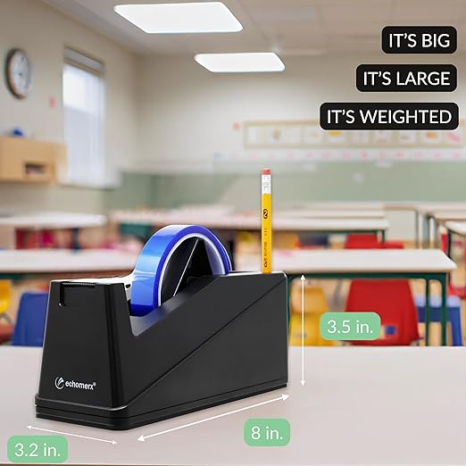 echomerx Large Tape Dispenser Heavy Duty - Best One-Handed for Painters & Masking Tape, Heat Tape Kapton & More, Weighted Desk Holder, 1 & 3 inch Core, Big Black, Commercial Grade, Sublimation & Craft