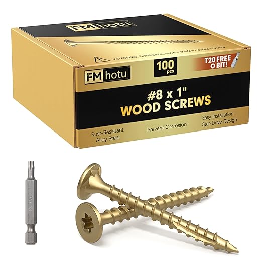#8 x 1” Deck Screws, 100Pcs Star Drive Wood Screws, Rust Resistant Timber Screws for Timber/Log/Landscaping Wood, T20 Star Bit Included, Gold