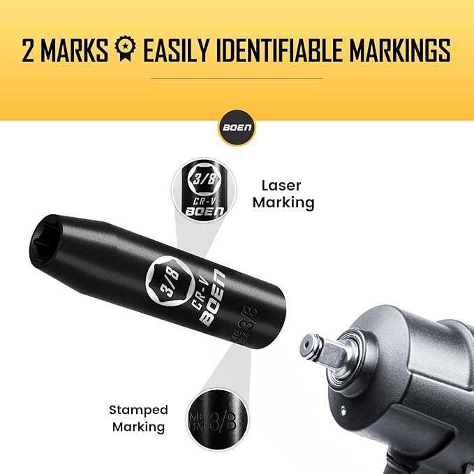 BOEN 1/2" Drive Deep Impact Socket,3/8 Inch Premium Socket,SAE,6 Point,Cr-V Steel with Laser Marking - Strong and Durable