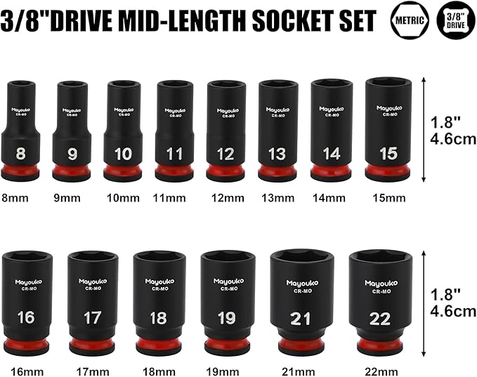 Mayouko 14PCS 3/8" Drive Semi-Deep Impact Socket Set, 8-22MM, Metric, CR-MO, Impact Grade Middle Length Socket Set, 6 Point