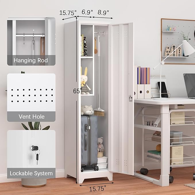 GREATMEET Broom Closet Storage Cabinet, 65'' Slim Metal Single Door Lockable Cleaning Storage Cabinet for Brooms, Mops & Cleaning Supplies, Utility Storage Cabinet for Garage, Laundry Room, White