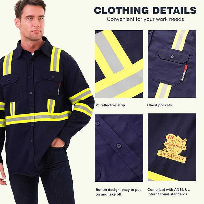 SKSAFETY 7oz FR Shirts for Men, Welding Shirt Hi Vis Flame Resistant 100% Cotton Fire Retardant Longsleeve Shirt CAT2