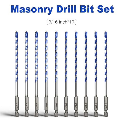 10 Pack 3/16 inch Concrete Drill Bit Set,Masonry Drill Bit Set with Hex Shank,Carbide Tip Drill Bits for Concrete, Cement, Tile,Brick and Plastic (3/16"竊?0 Pcs竊?