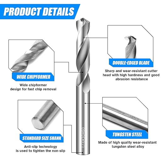 Drill Bit Set 4 Pcs Solid Carbide Drill Bits, 1/8" 1/4" 1/16" 3/16" Tungsten Carbide Drill Bits, Metal Drill Bit Set for Aluminum Alloy Copper Steel Hardened Steel Cast Iron