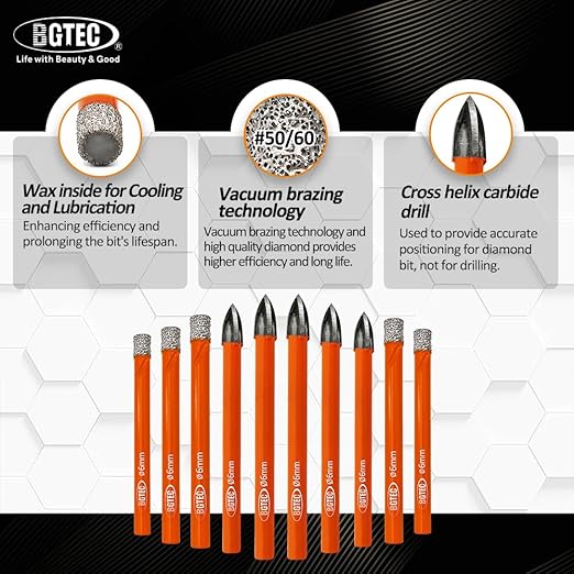 BGTEC Dry Diamond Drill Bits Set - 8pcs 1/4" Tile Drill Bits and 2pcs 1/4" Carbide Drill for Granite Marble Porcelain Ceramic