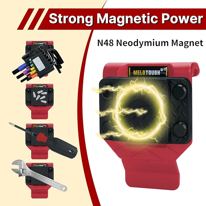 MELOTOUGH Magnetic Tool Holder, N48 Strong Magnetic Belt Clip for Nails, Screws, Drill Bit, Wrenches, Screwdrivers, Hammer, Sockets and Other Metal Tools and Hardware - Fits Up to 2.7" Belt