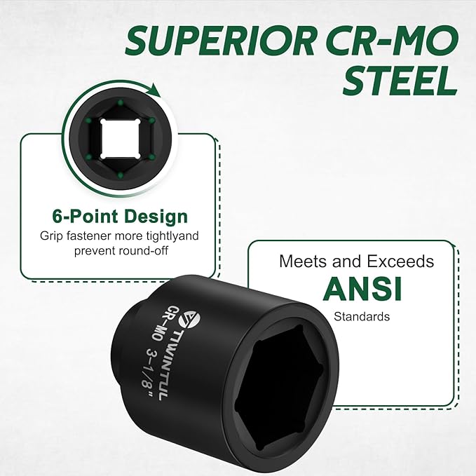3-1/8" Impact Socket 1" Drive, Deep 6 Point CR-MO Heavy Duty Socket, Single Axle Nut Socket for Semi-Truck, Construction, Oilfield & Wind Power Maintenance, ANSI Certified