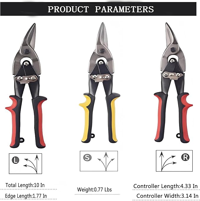 3-Piece Aviation Tin Snips Set, 10-Inch Sheet Metal Cutting Shears, Straight/Left/Right Cut Cr-V Steel Aviation Snips with Serrated Blades and Comfort Grip