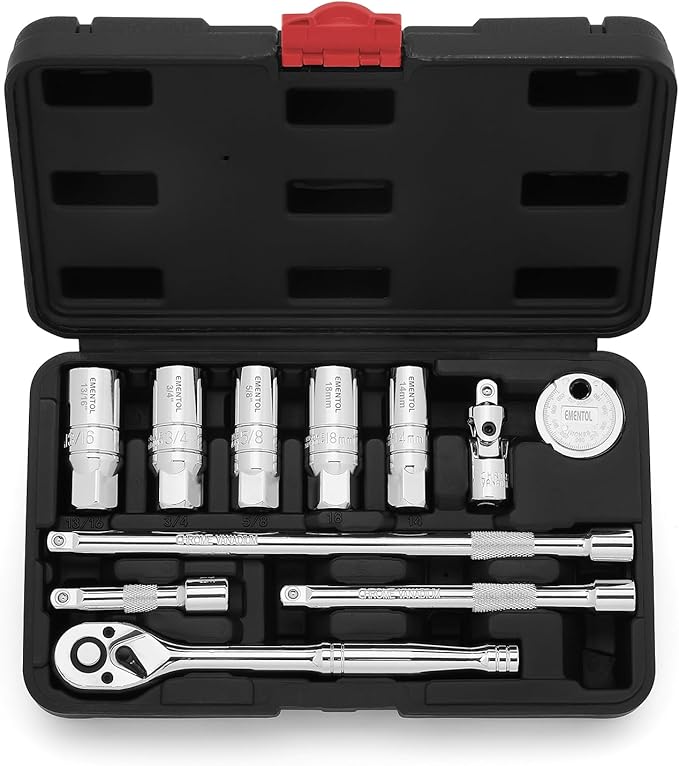 EMENTOL 11PCS 3/8" Drive Socket Accessory Set, SAE/Metric, 6 Point Spark Plug Sockets, Universal Joint, Extension Bar, Ratchet Wrench, Spark Plug Gap Gauge