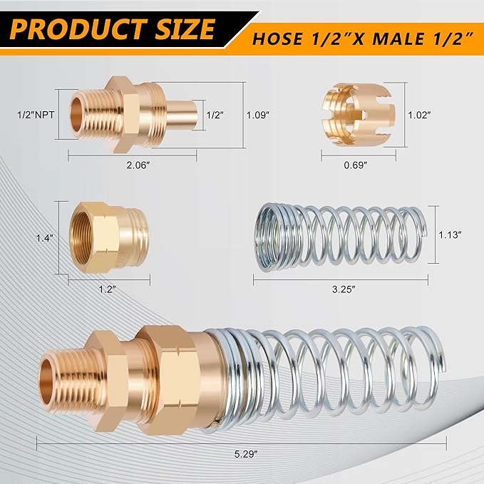 8PCS Brass DOT Air Brake Hose End Fittings, Dazakoot 1/2??Hose x 1/2??Male Connector with Spring Guard, Air Brake Line Fitting, Repair Fittings With 8 Pack Sleeve Tubes