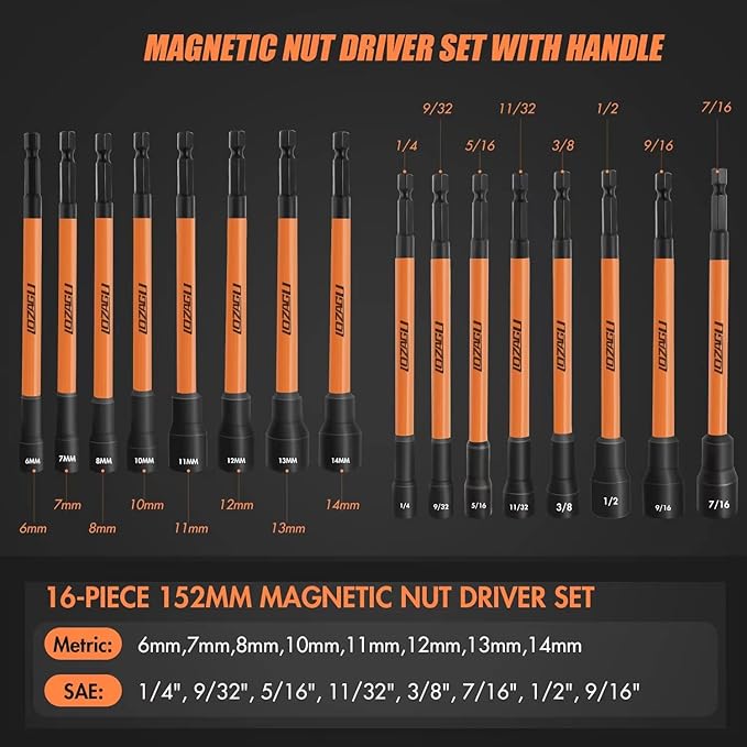 16Pcs Long Magnetic Nut Driver Set for Impact Drill | 6 Inch Long Nut Driver Set | SAE and Metric | 1/4 Inch Hex Shank | Cr-V Steel (16PCS Magnetic Nut Driver (Long))