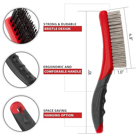 Wire Brush Set-Heavy Duty Stainless & Carbon Steel Bristles with Plastic Handle Grip for Rust, Wielding Slag, Dirt & Paint Scrubbing with Deep Cleaning ??10 Inches, Large (Pack of 2-Red)