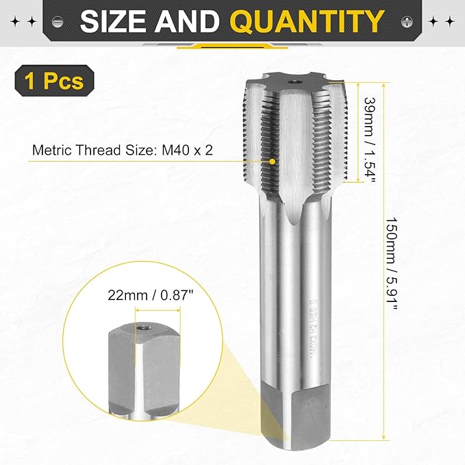 uxcell Hand Plug Tap M40 x 2 H2 Metric Thread Plug Style Taps Straight Flute Screw Tapping Threading Tool High Speed Steel HSS6542