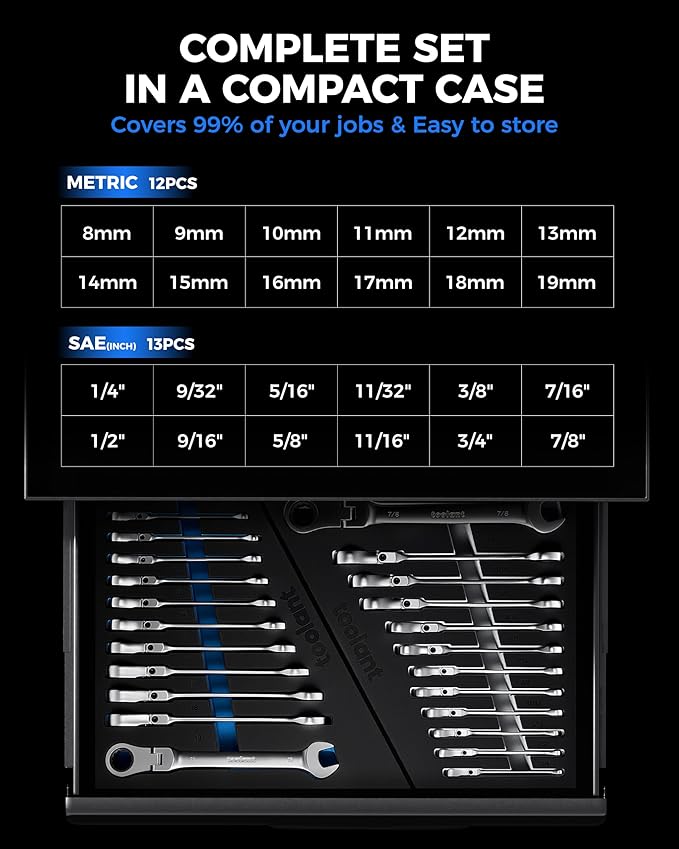 toolant 24pcs Ratcheting Wrench Set, Flex-Head Ratchet Combination Wrench Sets with Switch Design, 8-19mm & 1/4"-7/8", 90-Tooth and 4째Swing, 24PCS with Storage Tray