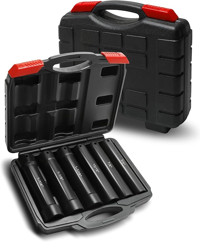 1/2 Inch Drive Extended Length Impact Socket Set, 6 Sizes Extra Deep Socket Set Include Sizes 3/4", 7/8", 15/16", 1-1/16", 1-1/8", 1-1/4" for High Torque Use with Case