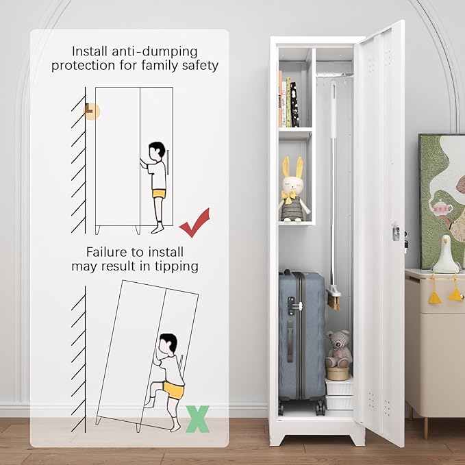 GREATMEET Broom Closet Storage Cabinet, 65'' Slim Metal Single Door Lockable Cleaning Storage Cabinet for Brooms, Mops & Cleaning Supplies, Utility Storage Cabinet for Garage, Laundry Room, White