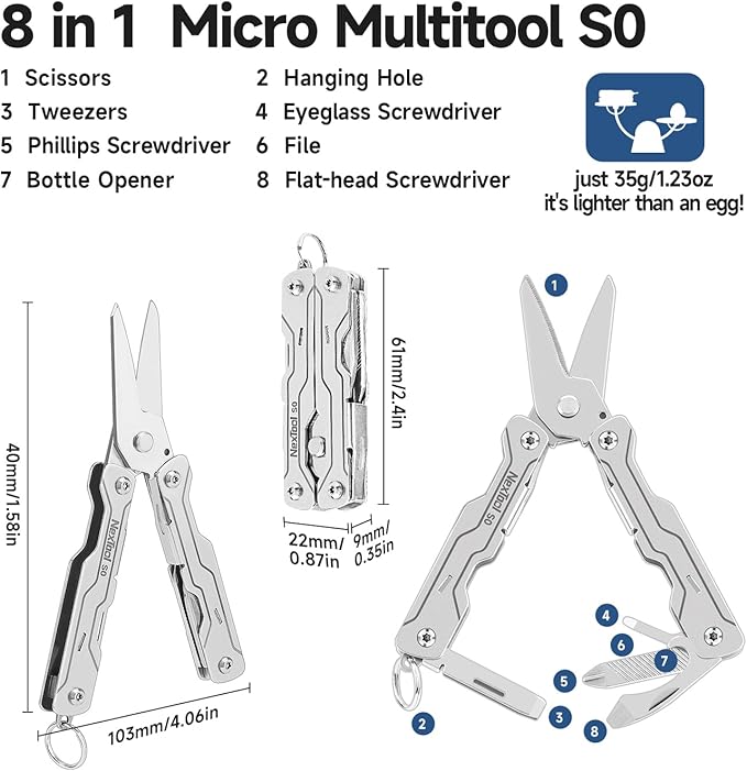 NexTool Micro Sailor Scissors S0, Mini Keychain Multitool with Serrated Scissors, 8-in-1 Lightweight EDC Tool for Travel, Outdoor, Everyday Carry, Cool Gadget for Men