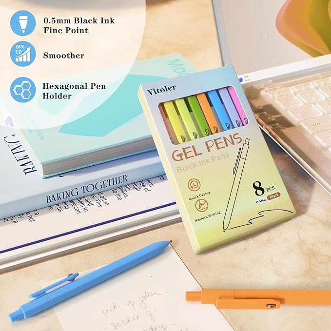 Vitoler Pens,8 pcs Fine Point Gel Pens,0.5mm Quick Dry Black Ink Gel Pen, Smooth Writing Pen for Office Desk Accessories,Office School Supplies