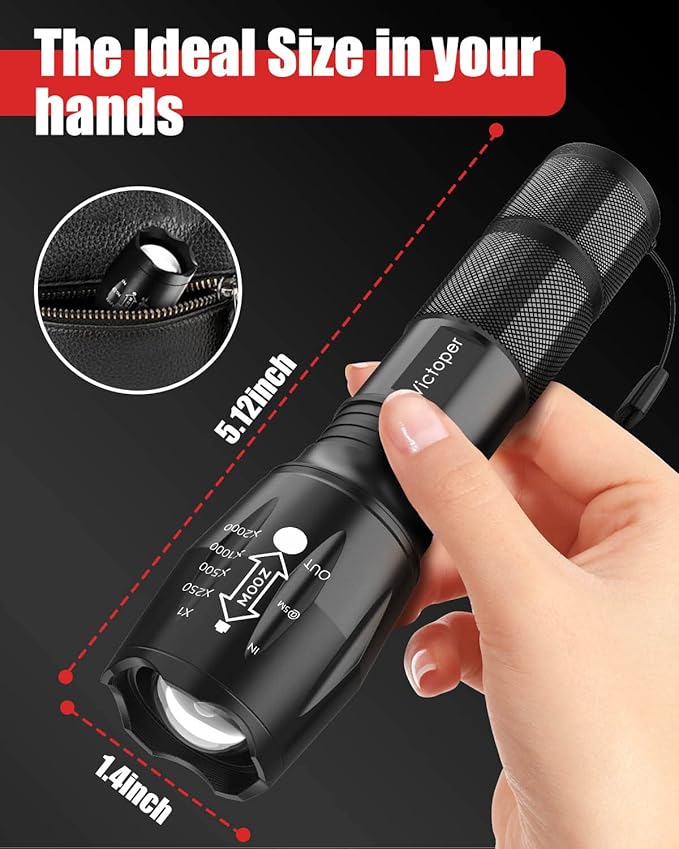 Victoper LED Flashlight 1 Pack, Bright Tactical Torch High Lumens with 5 Modes, Waterproof Zoomable Flash Light for Outdoor, Gifts for Hunting Camping Essentials Gear