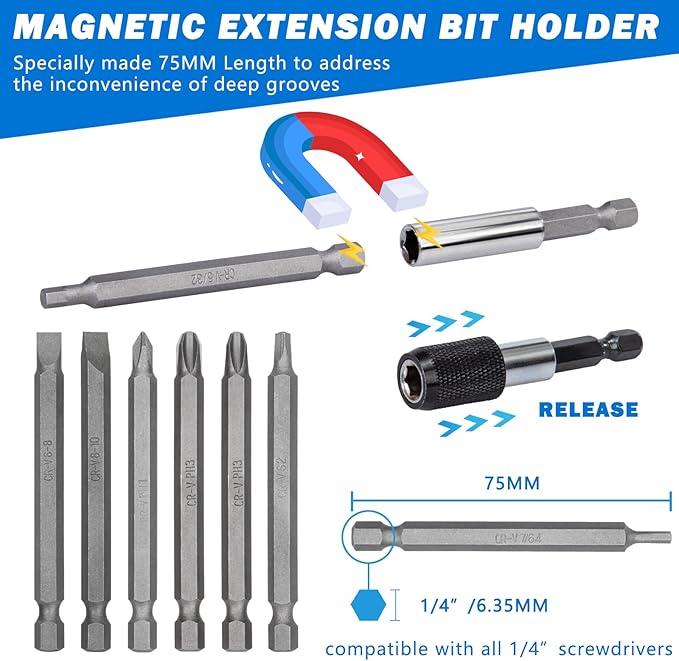 208-Piece Professional Screwdriver Bit Set, 1/4" Hex Shank Chrome Vanadium Steel Driver Bit Set, Includes Security Bits, Nut Driver and Bit Holder