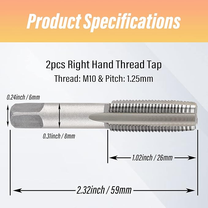 Qjaiune 2pcs M10x1.25 Tap, M10 Metric Thread Tap Right Hand Thread Tapping Tool, HSS Thread Milling Taps (M10 x 1.25, Taper & Plug Tap)