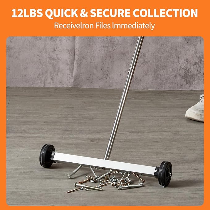 HARDK Magnet Pickup Sweeper Tools - 17 inch - Magnetic Pick Up Sweeper -10 Lbs - Yard Magnet with Telescoping Holder and Wheels to Pick Up Nails, Magnetic Sweeper for Construction,Lawn,Roofing