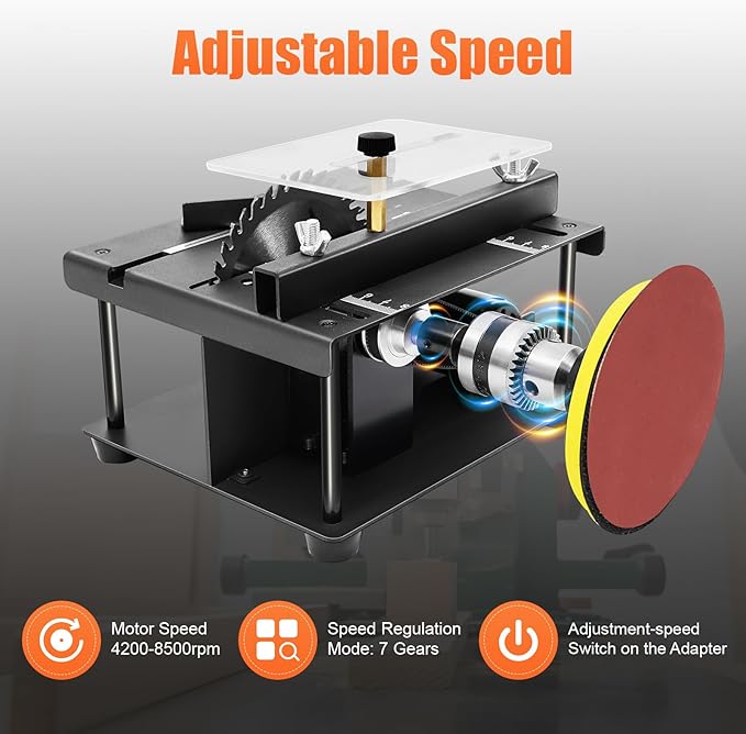 Mini Table Saw 200W - 0-90° Adjustable 1.3in Cutting Depth, 7-Speed 3000rpm w/Cold-Rolled Steel Base, for Wood/Metal/Plastic, Desktop DIY Craft Cutting Tool
