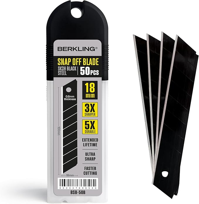 18mm Utility Knife Blades, 50 PCS | SK2H Blackened Steel | 3x Sharper & 5x More Durable Than SK5 | Fits All 18mm Utility Knives & Box Cutters