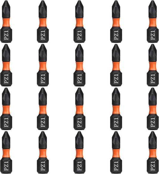 Pro PZ1 Bit Assortment - Screwdriver Bits Set 20Pcs, 25mm Length, Pozi Screwdriver Bit, 1/4 Inch Hex Shank, with Storage Box