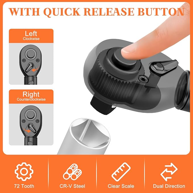 1/2-Inch Drive Click Torque Wrench, 25-250 Ft.Lb, 72-Tooth Dual-Direction Adjustable Torque Wrench, 짹3% High Precision for Car, Truck, Tractor, Heavy Machinery Maintenance