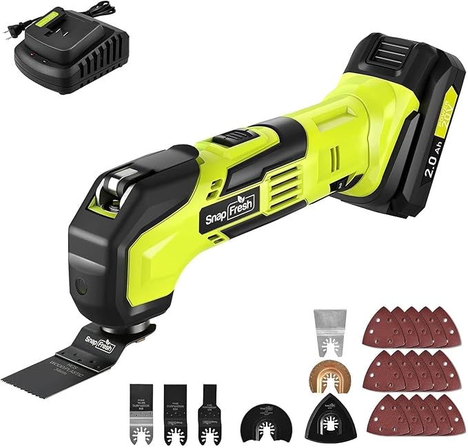 SnapFresh Oscillating Multi Tool Cordless, 20V DIY Tool Kit, 6 Speed, 3.2째Oscillation Angle, Quick-Lock Replaceable, 24pcs Accessories, Battery & Fast Charger, For Scraping, Blades Sanding, Cutting