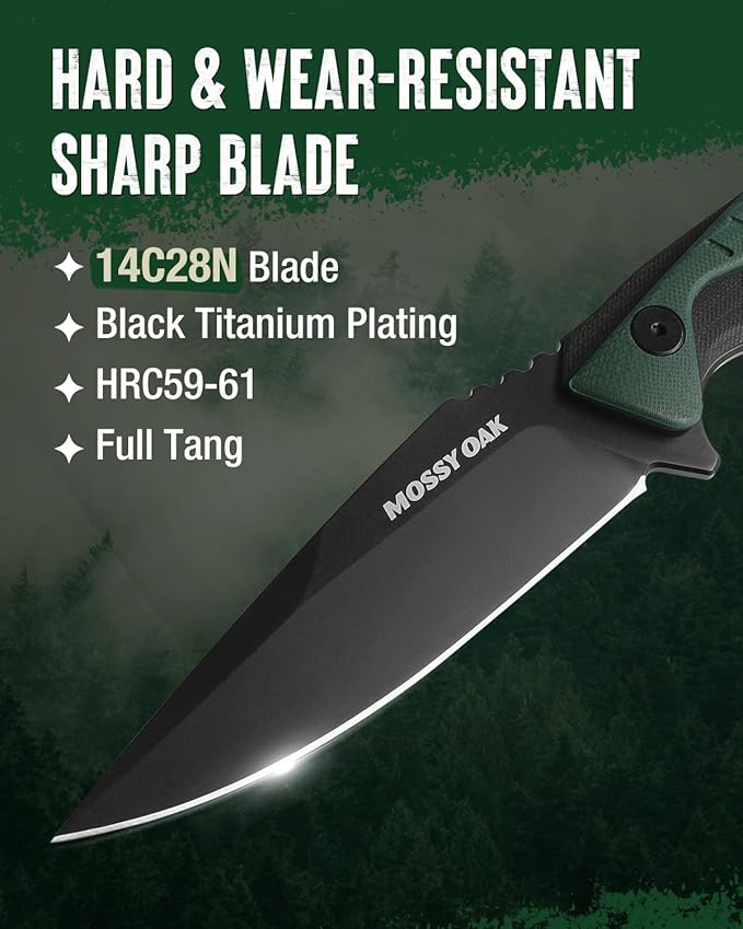 Mossy Oak 9.5" Fixed Blade Hunting Knife with Sheath, 14C28N Full Tang, G10 Handle Outdoor Knife for Survival, Camping, Hiking(Green)