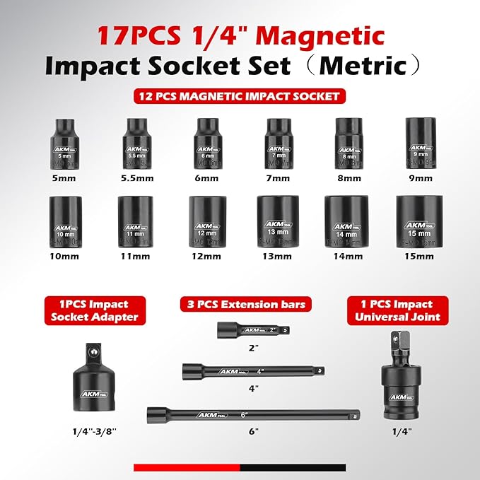 1/4 Inch Drive Magnetic Impact Socket Set, 17-Piece Metric, 5mm-15mm, 6 Point, Cr-Mo, Square Drive, Magnetic Socket with Adapter, Universal Joint & Extension