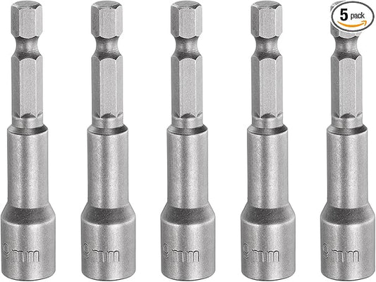 HARFINGTON 5pcs Nut Driver Drill Bit 9mm Metric Socket 1/4" Hex Shank 2.56" (65mm) Long Magnetic 6-Point Sockets Quick Change CR-V Steel Bolt Setters for Power Drill Drivers
