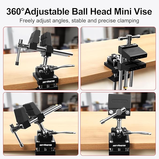 ArtyMaster Vise 4-Inch 360째 Ball Joint Swivel Bench Vise, Heavy Duty Aluminum Clamp-On Workbench Vise with Quick Ratchet Lock, Silicone Jaw Pads, Ideal for Woodworking, Repair & DIY Projects (WT117A)