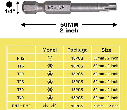 18pcs T25 Impact Driver Bits 50mm Impact Bit 1/4" Hex Shank S2 Drill Screwdriver Bit for Electronics Appliances and Automotive Repair