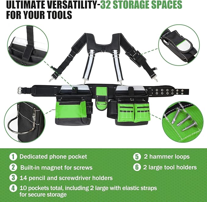 Tool Belt with Suspenders for Men, Heavy Duty Construction Tool Belt with 32 Pockets, 1680D Material, Reflective Strips for Safety, HVAC Toolbelt for Men