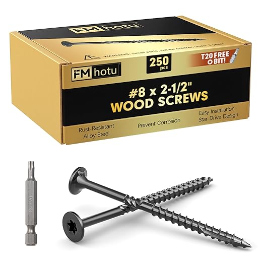 #8 x 2-1/2” Deck Screws, 250Pcs Star Drive Wood Screws, Rust Resistant Timber Screws for Timber/Log/Landscaping Wood, T20 Star Bit Included, Black