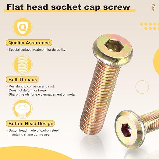 METALLIXITY Flat Head Hex Socket Cap Screws Bolts(M6-1x12) 30Pcs, Steel Hex Socket Furniture Bolts Screws - for Furniture Woodworking Project, Yellow