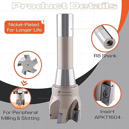 Indexable End Mill R8 Shank 2" Cutting Diameter x 6-1/8" Oal 90 Degree with Nickel Plating, Includes 5 APKT1604 Carbide Inserts
