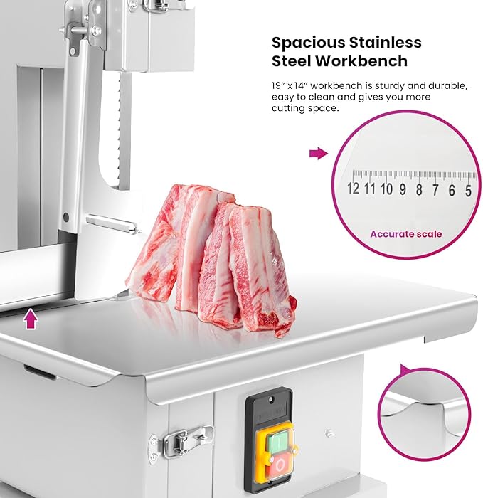 1500w Electric Meat Bone Saw, Stainless Steel Tabletop Meat Bandsaw for Butchering, Cutting Thickness 0.8-7.1 Inches, Commercial Frozen Meat Cutting Machine with 6 Blades, Workbeach 19.3 "x 15.35"