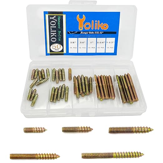 50 Pack Assorted Hanger Bolts Kit - 5 Sizes (5/32-32", 8/5, 3/4, 1, 1-1/4, 1-1/2") - Double Headed Bolts, Wood Dowel Screws