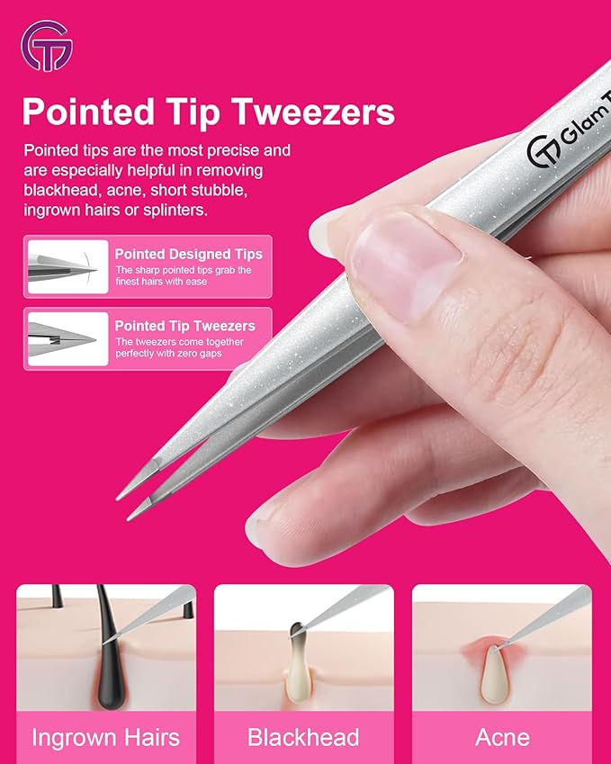 Expert Slant and Point Tip Tweezer Set with Exclusive Storage & Carrying Case, GlamTweeler Sharp & Precision Tweezer Set for Eyebrows, Facial Hairs and Fine Hairs Removal (Sparkle Silver)