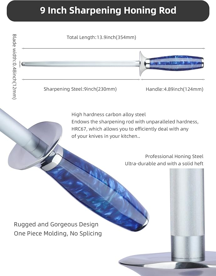 Honing Rod, Sharpening Steel for Kitchen Knives ??9" Honing Steel ??Resin Handle ??XUAN Series (Sapphire Blue)