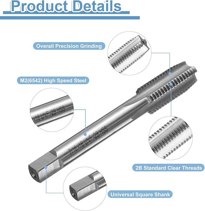 uxcell Hand Bottom Tap 7/16-18 UNF 2B Thread Bottoming Style Threading Taps High Speed Steel HSS6542 Straight Flutes Screw Tapping Tool