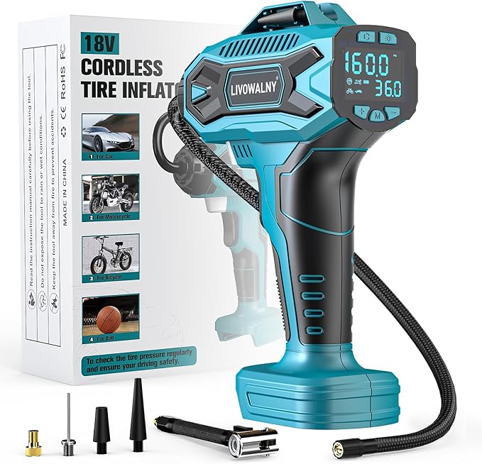 Tire Inflator Air Compressor Compatible with Makita 18V Battery, LIVOWALNY 160 PSI Cordless Portable Electric Air Pump 2025 Bigger LCD Digital Pressure Gauge for Car, Bike, Sport Ball (No Battery)